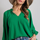 Ruffle Neckline Puff Sleeve Blouse