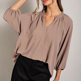 Ruffle Neckline Puff Sleeve Blouse