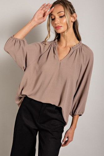 Ruffle Neckline Puff Sleeve Blouse