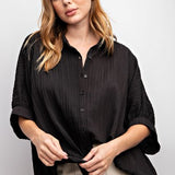 Black Textured Button Down Collared Top
