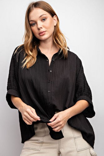 Black Textured Button Down Collared Top