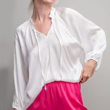 Off White Silky Satin Ruffle Neckline Blouse