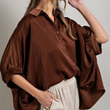 Chocolate Brown Button Down Satin Top