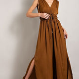 Camel Deep Plunge V Neck Sleeveless Jumpsuit