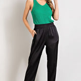 Black Smocked Satin Pant