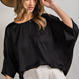 Black Flowy Satin 3/4 Sleeve Top
