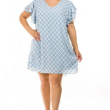 Sky Blue Lattice Print Ruffle Sleeve Dress
