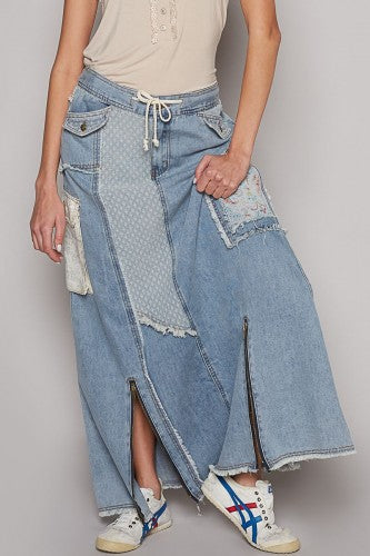 Denim Patch Detail Maxi Skirt