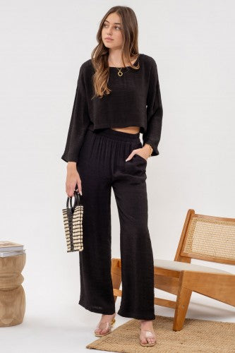 Black Lightweight Crinkle Elastic Waist Pant