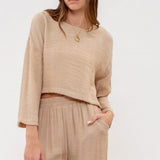 Khaki Relaxed L/S Crinkle Crop