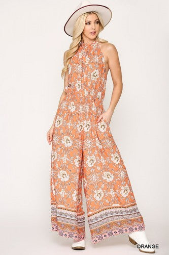 Orange Printed Halter Tie Jumpsuit