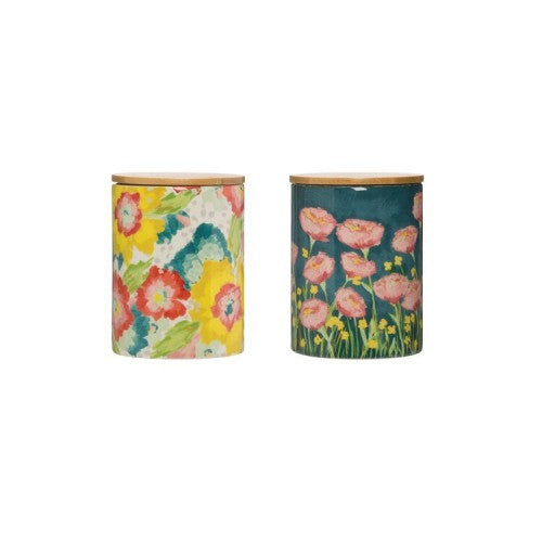 Floral Canister with Wood Lid