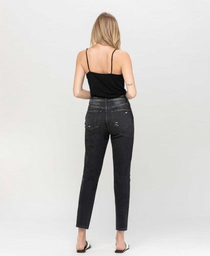 Distressed Black Stretch Mom Jean
