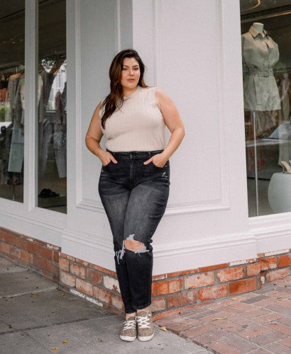 Distressed Black Stretch Mom Jean