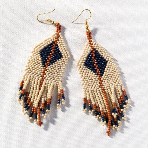 IVORY NAVY RUST DIAMOND WITH STRIPE FRINGE SEED BEAD EARRINGS