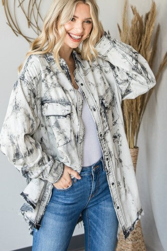 Acid Washed Grey Denim Snap Shirt Jacket