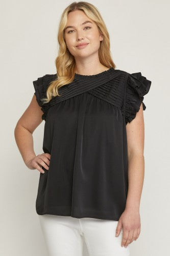 Black Cross Front Pintuck Detail Blouse with Ruffle Sleeve