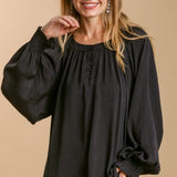 Black Satin L/S Blouse with Puff Smocked Sleeve