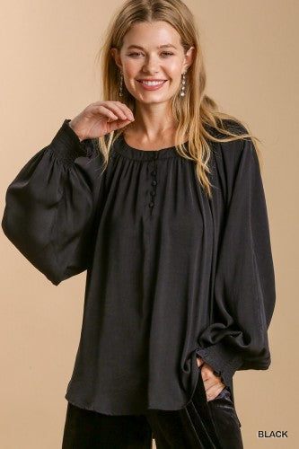 Black Satin L/S Blouse with Puff Smocked Sleeve
