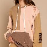 Chocolate Mix French Terry Distressed Hoodie