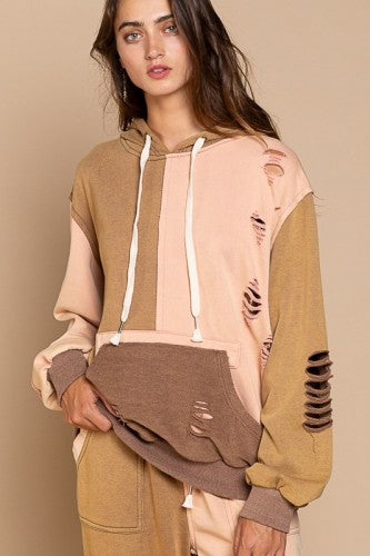 Chocolate Mix French Terry Distressed Hoodie