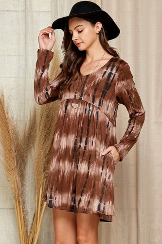 Brown Tie Dye Printed V Neck Dress