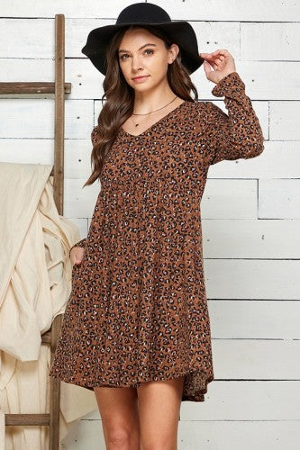 Brown Leopard Print V Neck Dress