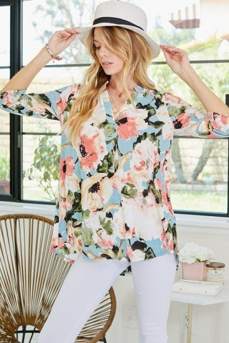 Aqua Floral Roll Up Sleeve Blouse