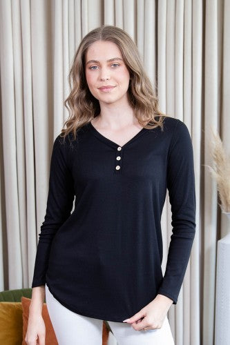 Black V Neck L/S Top with Buttons