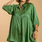 Evergreen Satin 3/4 Sleeve Back Tiered Dress