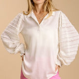 Ivory Satin Collar Top with Mesh Balloon Sleeve Detail