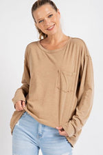 Mineral Wash Round Neckline L/S Top with Pocket