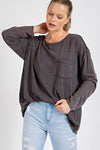 Mineral Wash Round Neckline L/S Top with Pocket
