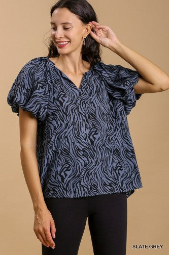 Slate Zebra Puff Sleeve Top