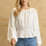 Off White Tweed & Chiffon Peplum Blouse