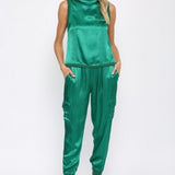 Emerald Green Satin Cargo Jogger Pants
