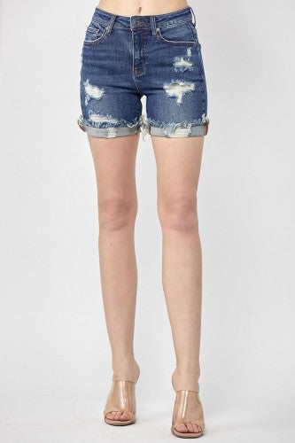 Dark Wash Distressed Cuffed Shorts