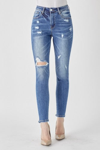 Dark Wash Mid Rise Distressed Skinny Denim