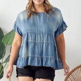 Grey Denim Washed Ruffle Top