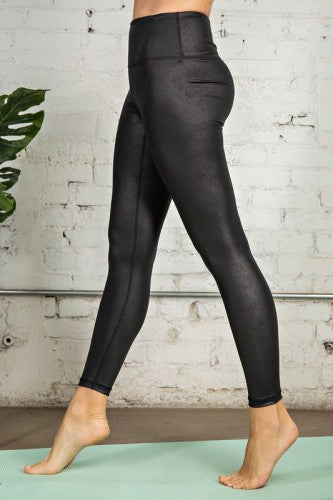 Black Wide Waistband Faux Chintz Legging