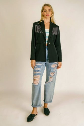 Black Rhinestone Fringe Blazer