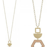 Wood Hexagon + Gold Geometric 32" Necklace