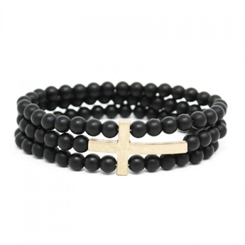 Gold Cross Three Row Stretch Bracelet