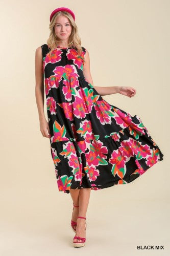 Black + Fuchsia Bold Floral Print Dress