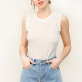 Off White Solid Texture Lace Trim Tank