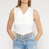 White Drape Neck Tank with Pearl Fringe