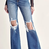 MID RISE DISTRESSED FLARE JEANS
