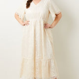 Cream Embroidered V Neck Maxi