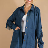 Dark Teal Button Front Fringe Suede Jacket