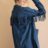 Dark Teal Button Front Fringe Suede Jacket